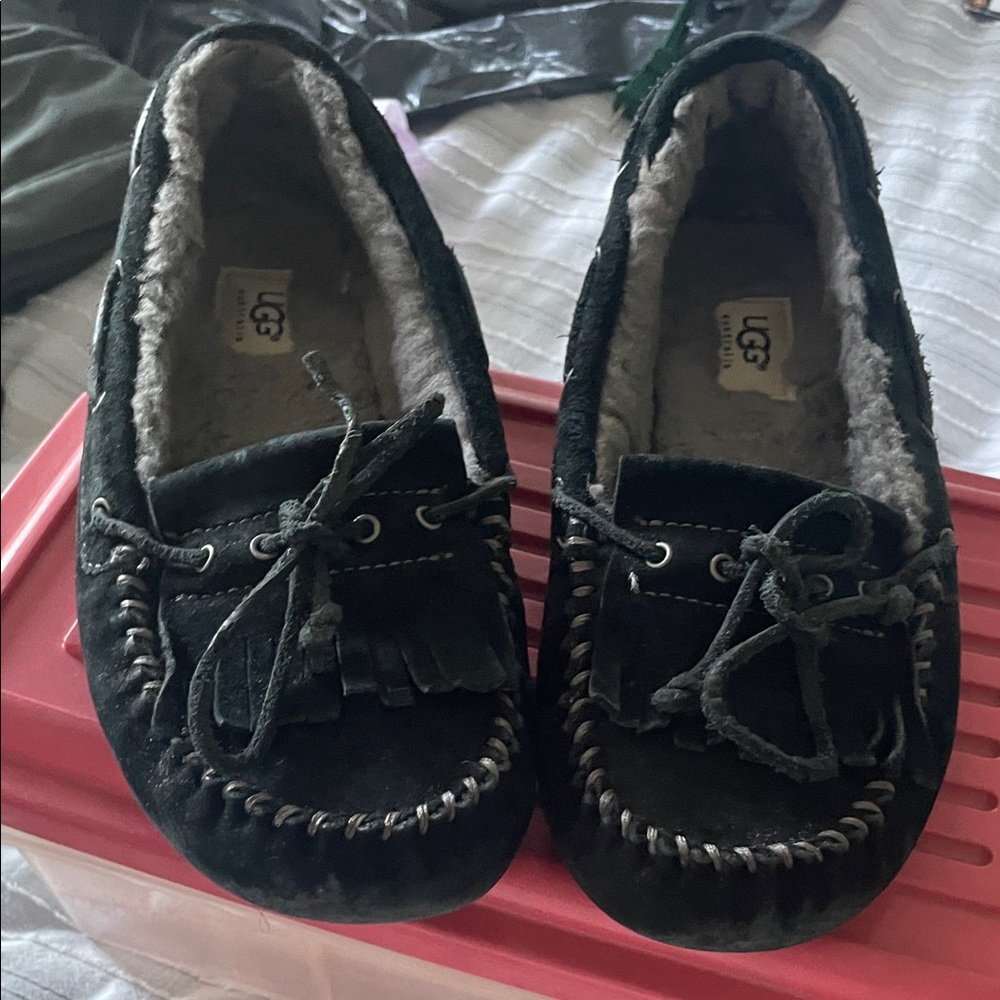 UGG womens Black Suede Moccasins with Shearling Lining